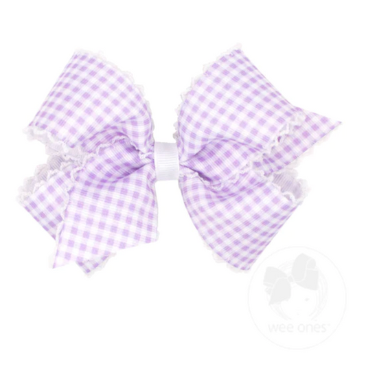 Wee Ones Medium Grosgrain Gingham Print with Moonstitch Trimmed Girls Hair Bow
